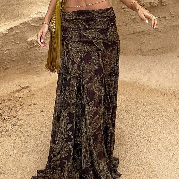 Dresses & Skirts - Brown Boho Women's Low-Waist Print Maxi Skirt